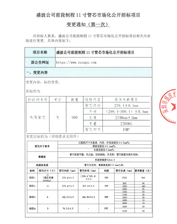 關于盛波公司前段制程11寸管芯市場化公開招標項目變更澄清函